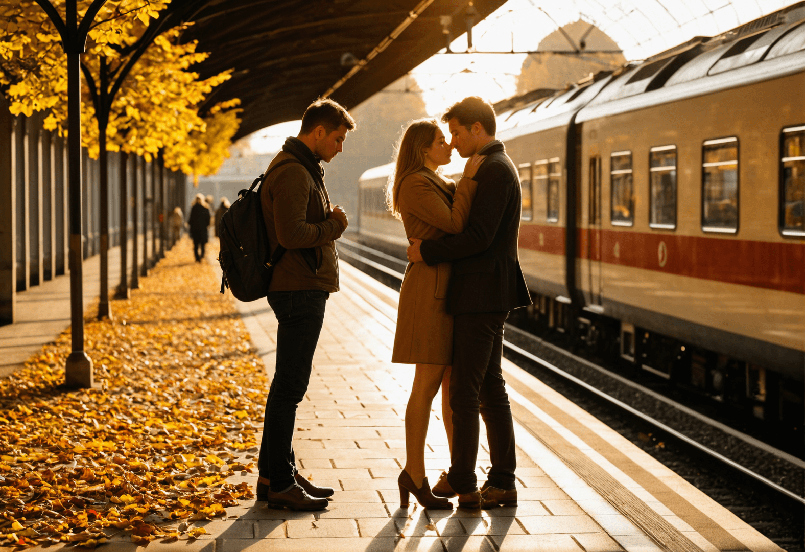 Paar verabschiedet sich am Bahnsteig im Sommer