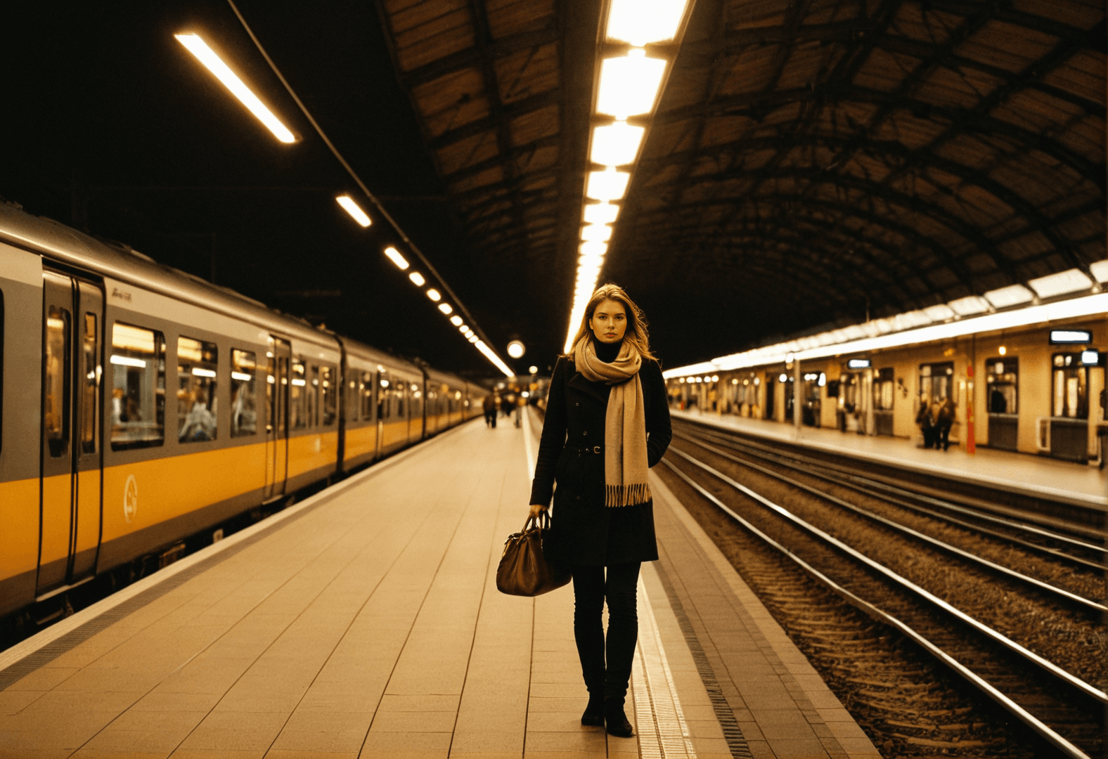 Soldat umarmt seine Partnerin am Bahnhof