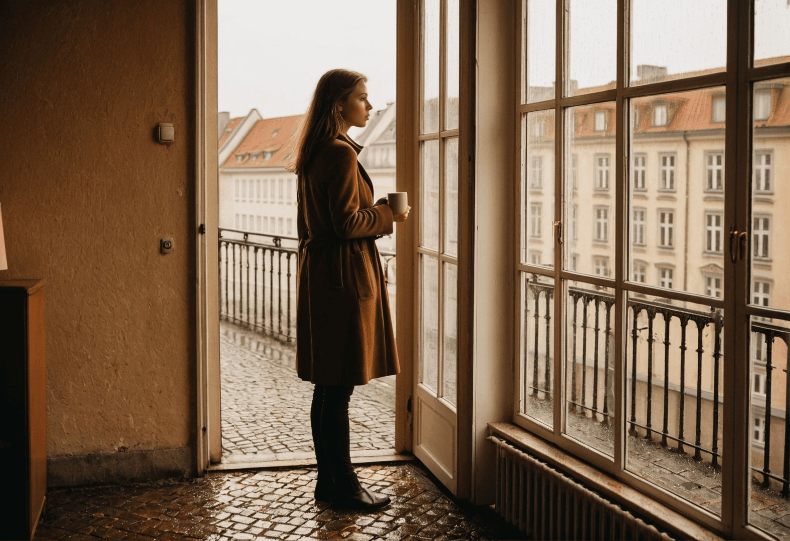 Mann am ICE-Fenster schaut auf deutsche Landschaft