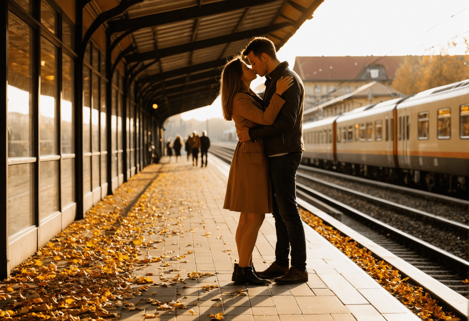 Paar läuft händchenhaltend durch herbstliche Straße